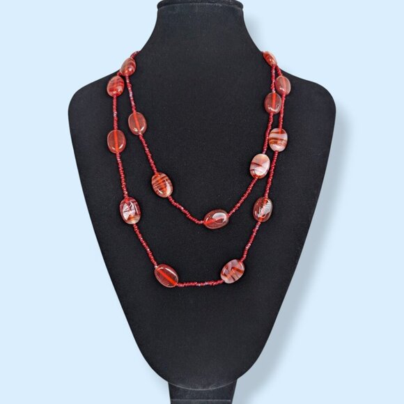(2/$20) Long Red Glass Beaded Necklace - Picture 1 of 5